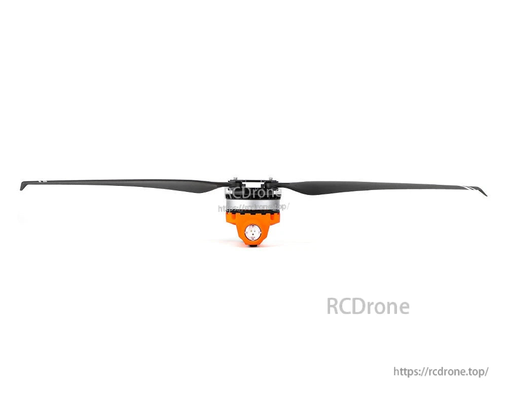 T-Motor long black drone propeller with central orange hub, front view on white background