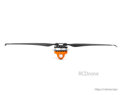 T-Motor long black drone propeller with central orange hub, front view on white background