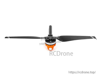 T-Motor two-blade propeller with orange spinner and central shaft on a white background