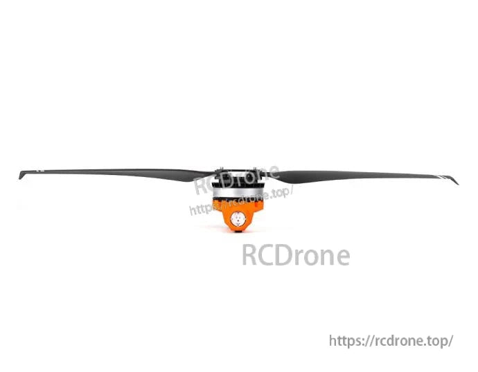 T-Motor brushless drone motor with long black propeller attached, front view on white background