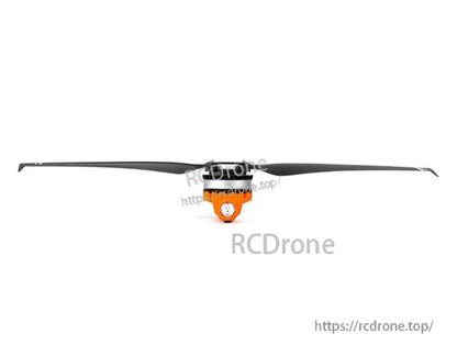 T-Motor brushless drone motor with long black propeller attached, front view on white background