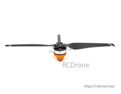 T-Motor brushless drone motor with two-blade propeller attached, orange and black housing, front view