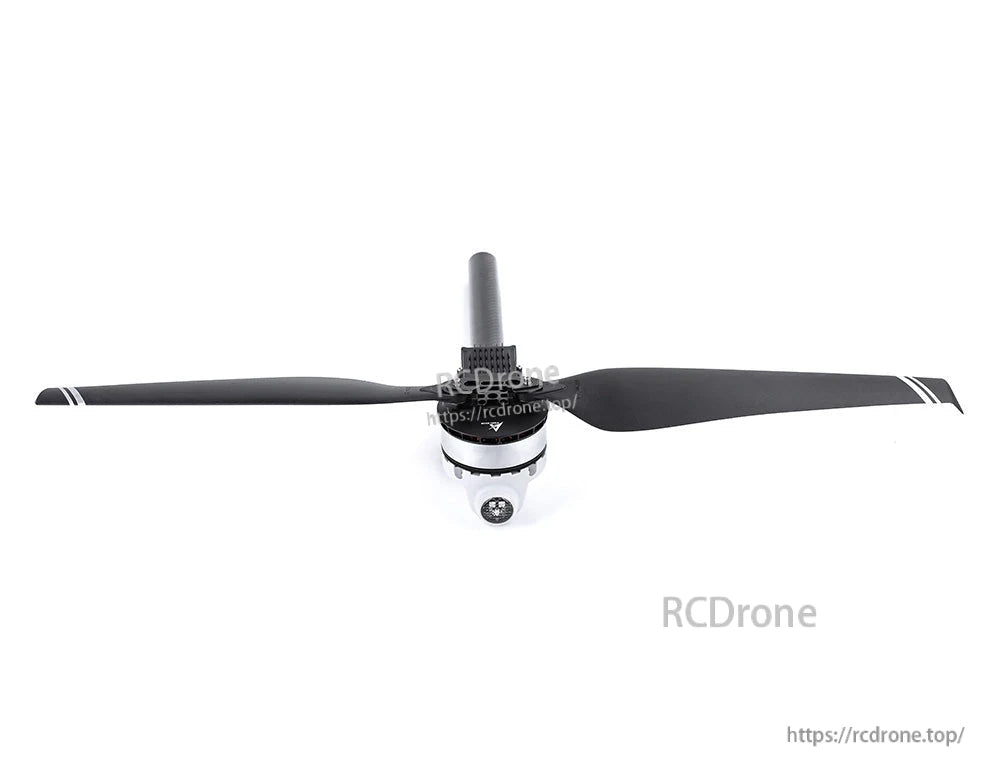 T-Motor brushless drone motor with black two-blade propeller mounted on top, front view
