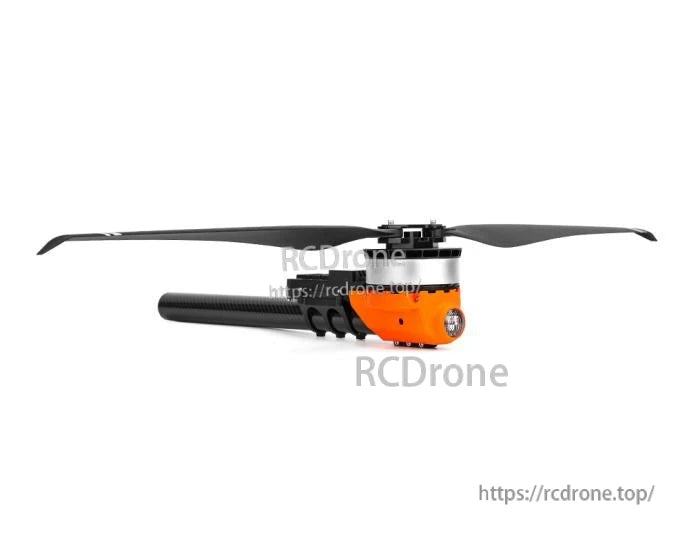T-Motor drone motor with orange housing, long cylindrical arm, and two-blade propeller mounted on top