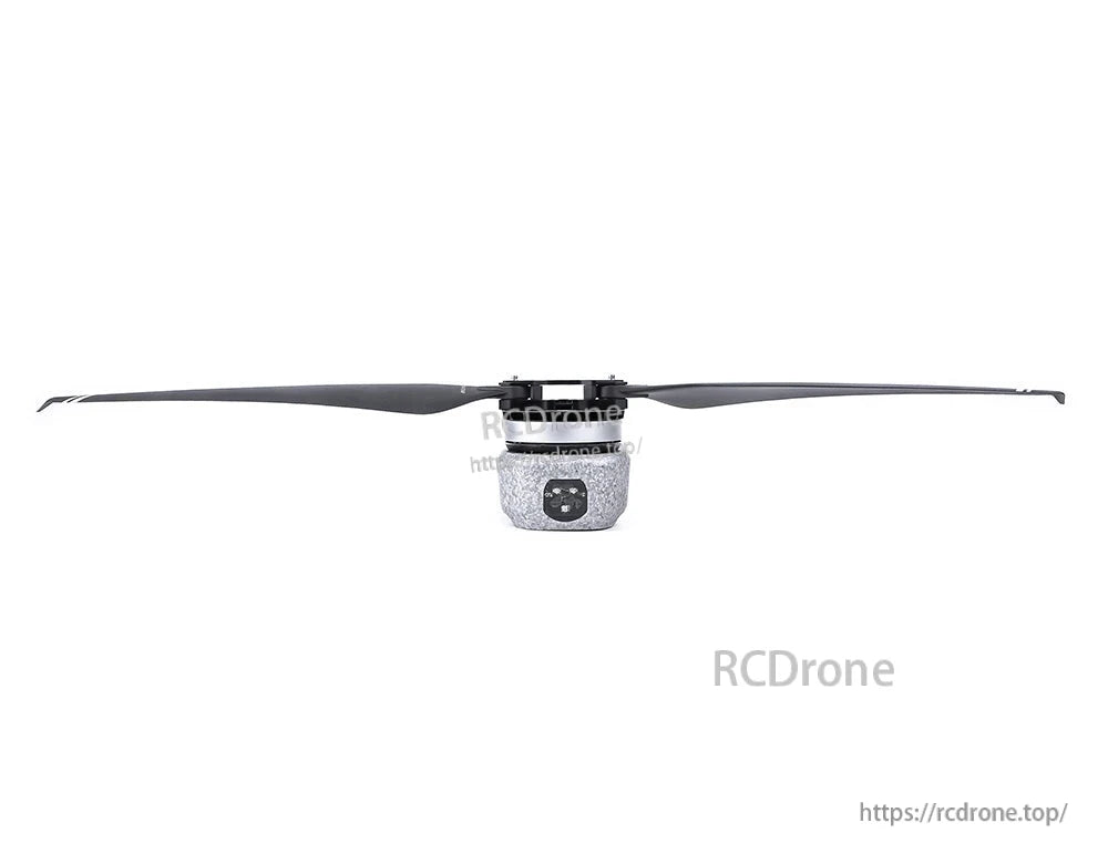 T-Motor brushless drone motor with mounted two-blade propeller, front view on white background