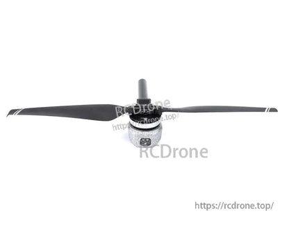 T-Motor brushless RC drone motor with a black two-blade propeller mounted on a silver can