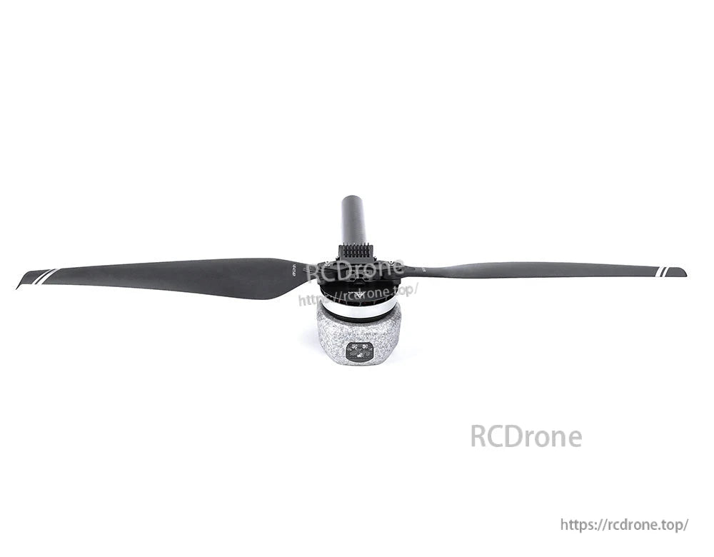 T-Motor brushless drone motor with black two-blade propeller and threaded shaft on a white background