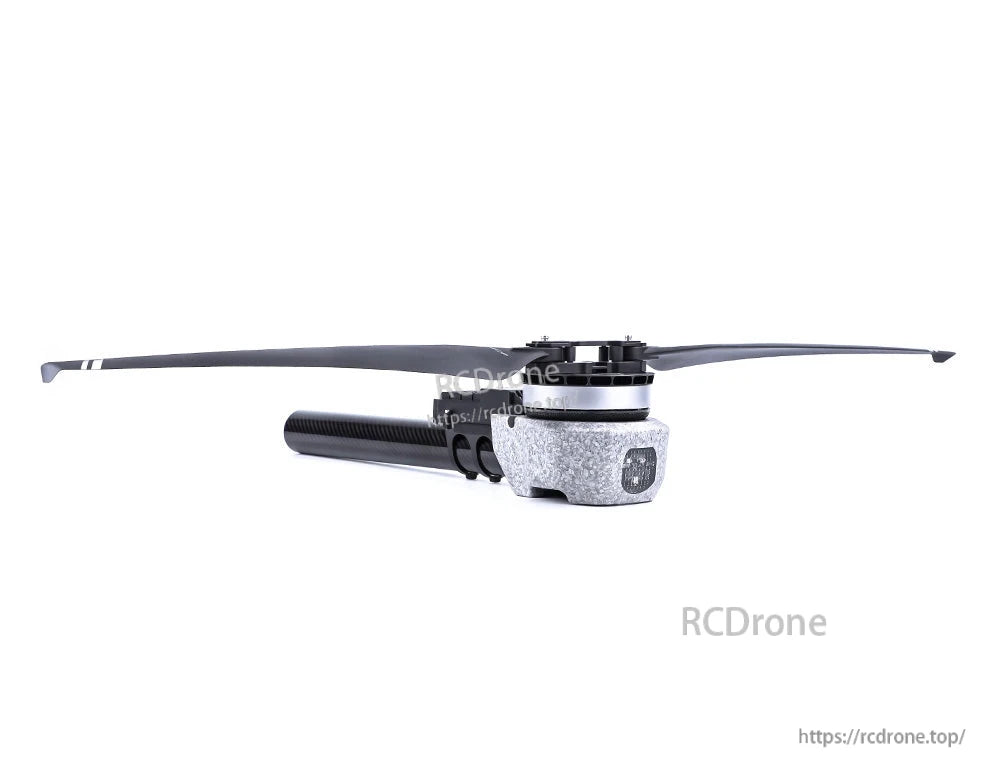 T-Motor brushless drone motor with mounted propeller and carbon fiber arm tube on a white background