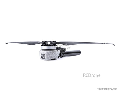 T-Motor drone motor with long propeller mounted on a carbon fiber arm, side view