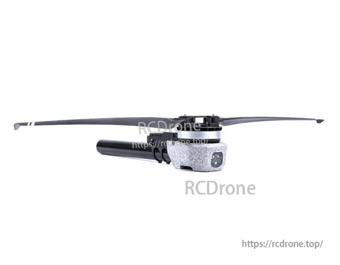T-Motor drone motor and propeller assembly mounted on a long black arm with a compact gray housing