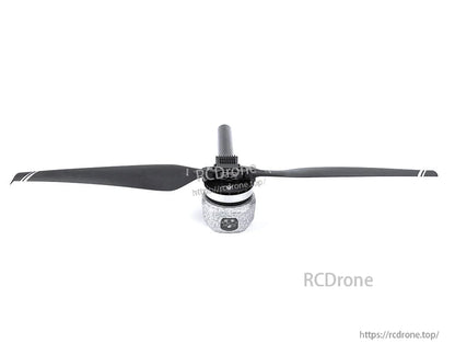 T-Motor brushless drone motor with mounted two-blade black propeller and threaded shaft, front view
