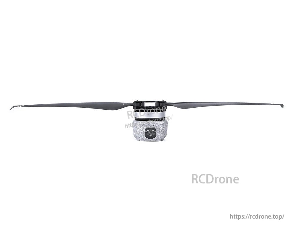 T-Motor brushless drone motor with long two-blade propeller attached, front view on white background
