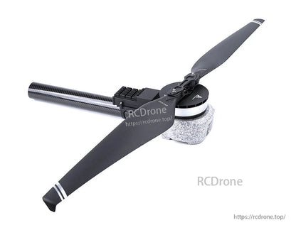 T-Motor brushless drone motor on carbon fiber arm with two-blade propeller and mounting bracket