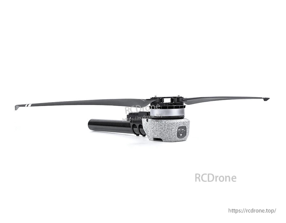 T-Motor drone motor with propeller mounted on a carbon fiber tube arm, side profile on white background