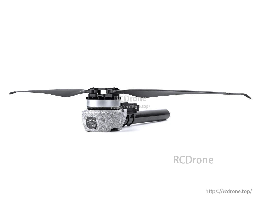 T-Motor drone motor and propeller mounted on a carbon fiber arm, side view with wiring housing