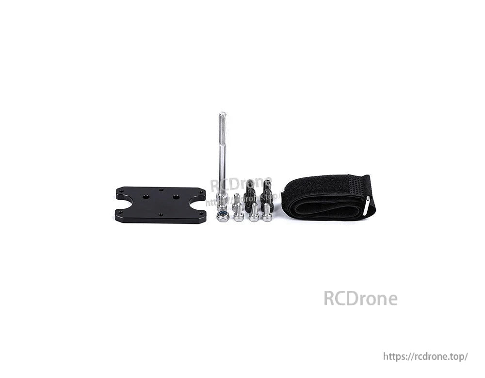 T-Motor mounting hardware set with black plate, bolts, standoff and a Velcro battery strap