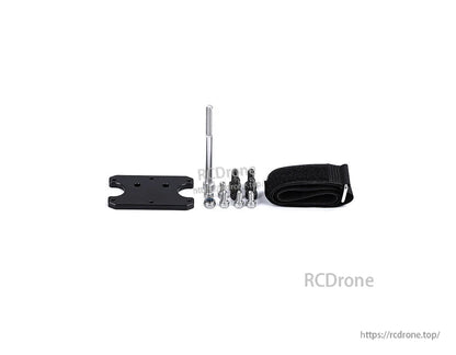 T-Motor mounting hardware set with black plate, bolts, standoff and a Velcro battery strap