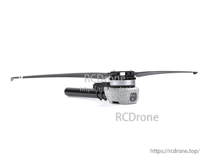 T-Motor brushless drone motor and propeller mounted on a carbon-fiber arm assembly, side view