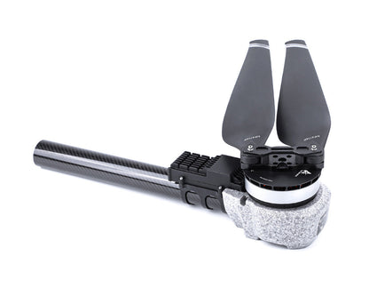 T-Motor drone propulsion unit on carbon fiber arm with black folding two-blade propeller and motor mount