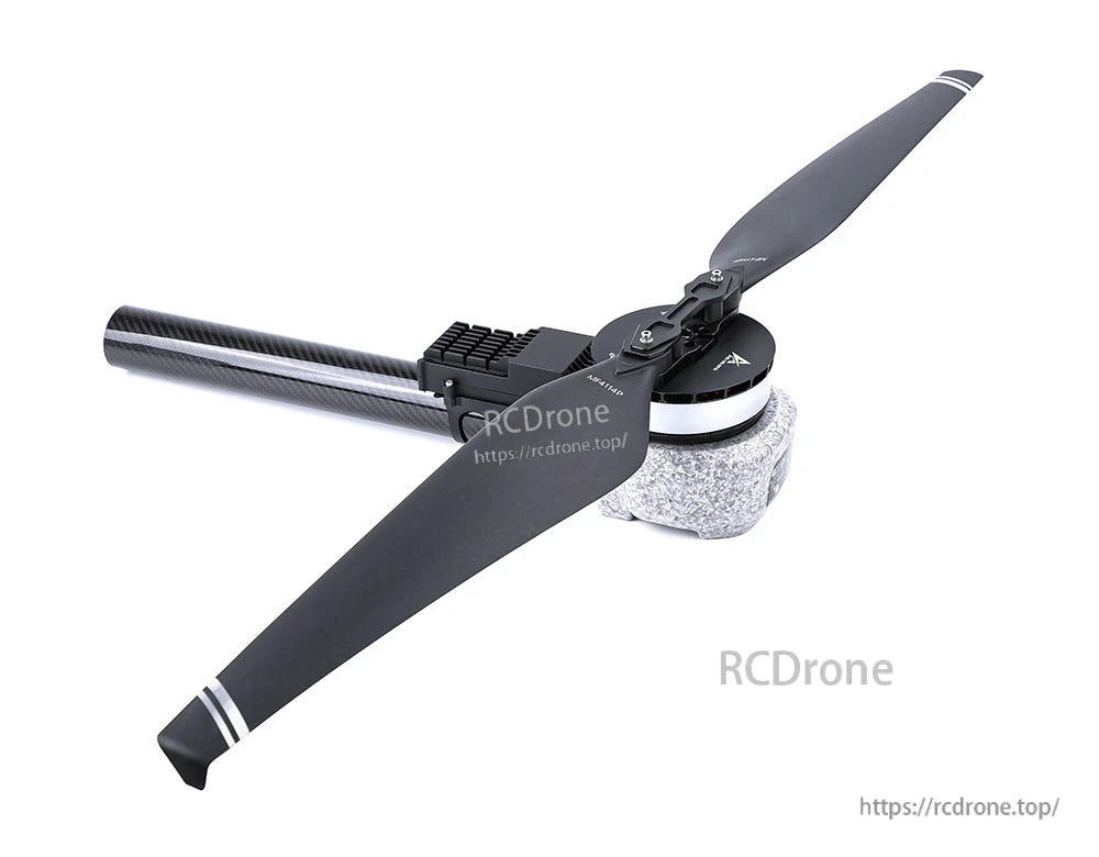 T-Motor carbon fiber folding propeller with quick-release hub mounted on a carbon tube arm