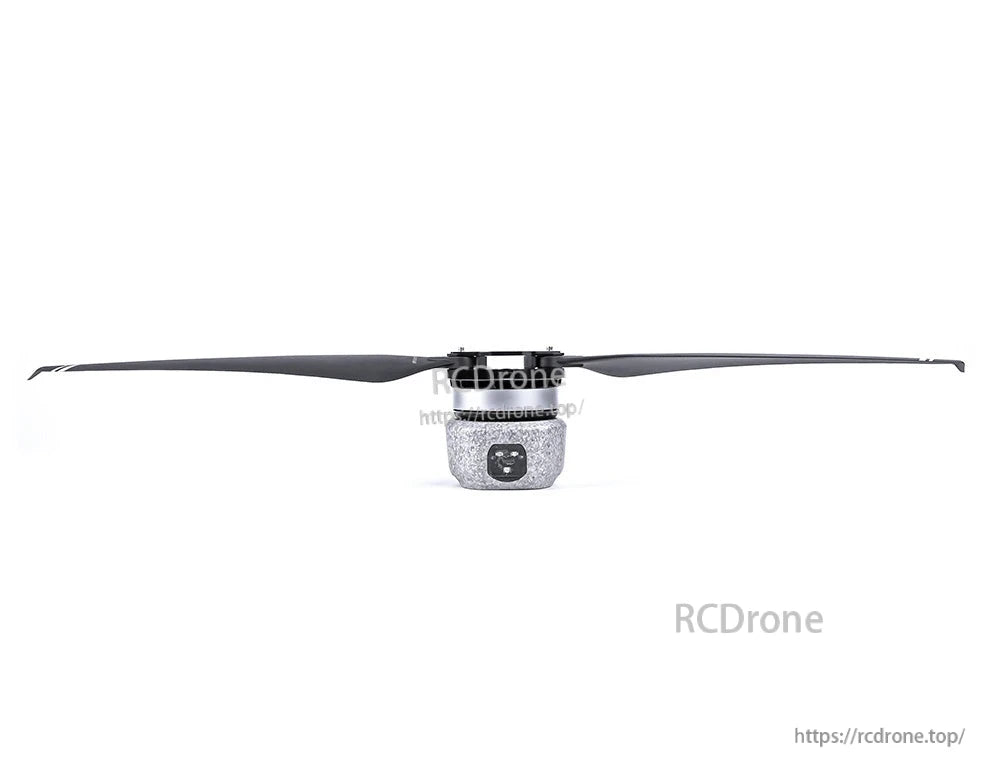 T-Motor drone propeller mounted on a motor hub, long black two-blade rotor on a white background