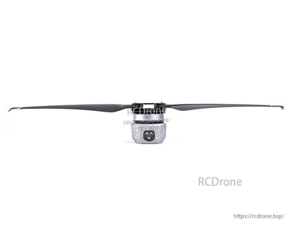 T-Motor drone propeller mounted on a motor hub, long black two-blade rotor on a white background