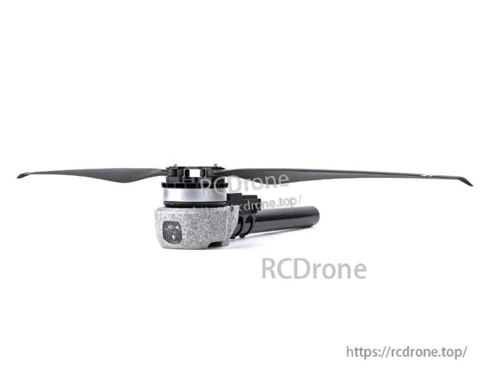 T-Motor drone motor with two-blade propeller mounted on a black cylindrical arm, side view