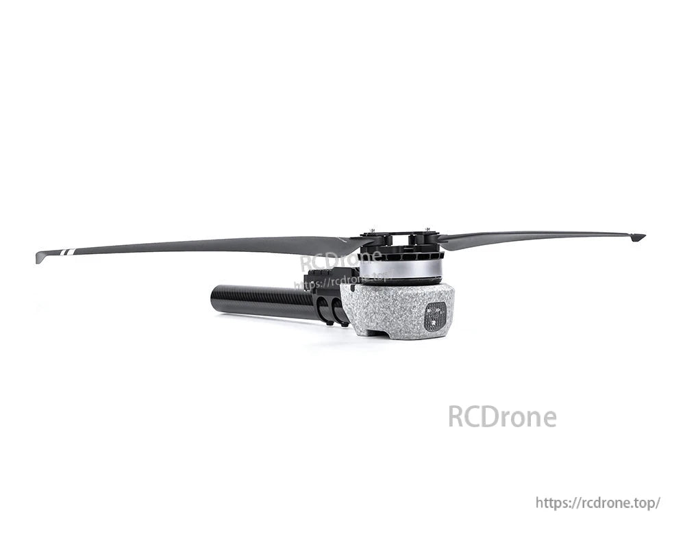 T-Motor drone motor with long propeller mounted on a carbon fiber boom and silver housing, side view