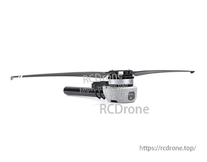 T-Motor drone motor with mounted propeller on a carbon-fiber arm, side view