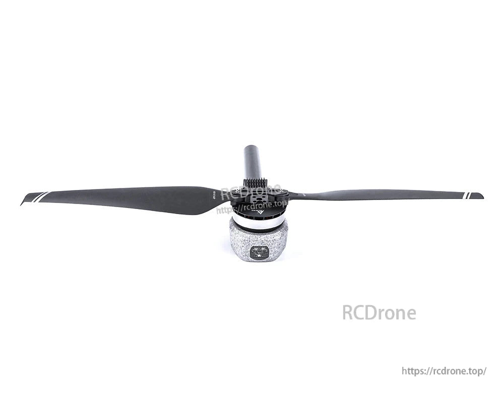 T-Motor brushless drone motor with two-blade propeller mounted on top, front view on white background