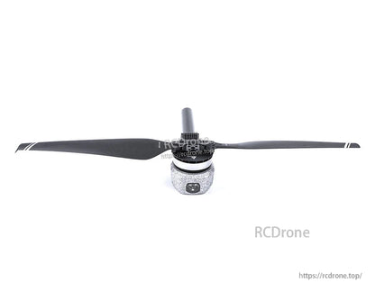 T-Motor brushless drone motor with two-blade propeller mounted on top, front view on white background