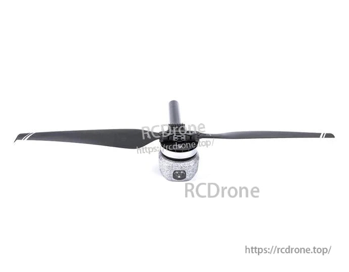 T-Motor brushless drone motor with mounted black two-blade propeller, front view on white background