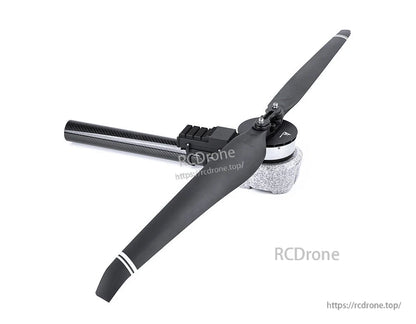 T-Motor folding drone propeller with black blades, hub mount, and carbon-fiber tube arm