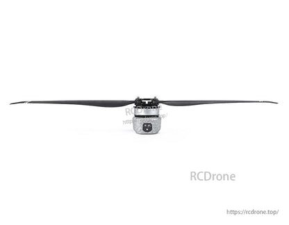T-Motor brushless drone motor with long black propeller blades mounted on a cylindrical housing