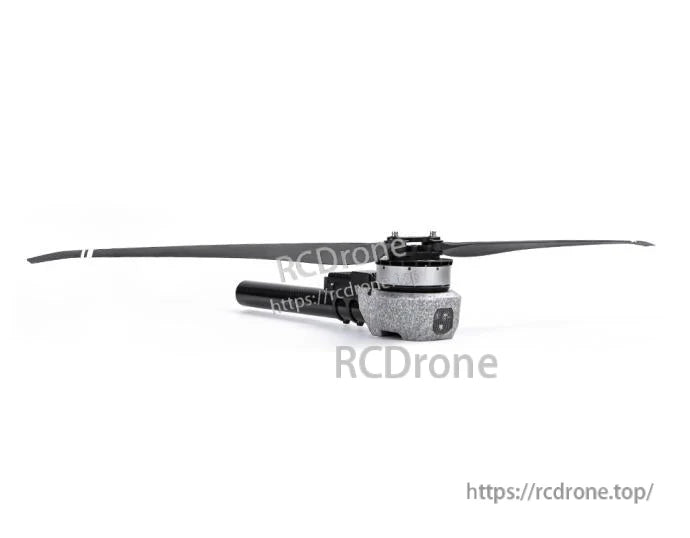 T-Motor brushless drone motor with long two-blade propeller attached, side view on white background
