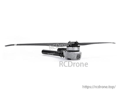 T-Motor brushless drone motor with long two-blade propeller attached, side view on white background