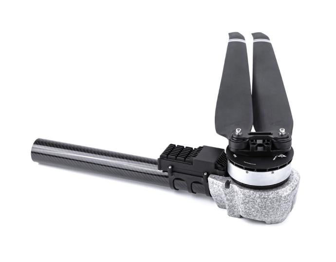 T-Motor drone propulsion unit with folding propeller on a carbon fiber arm, packaged with protective foam