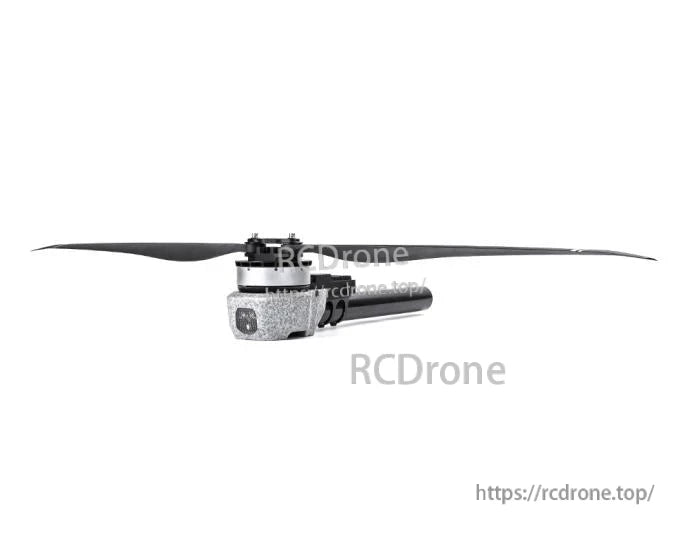 T-Motor brushless drone motor with long black propeller mounted on a silver arm assembly