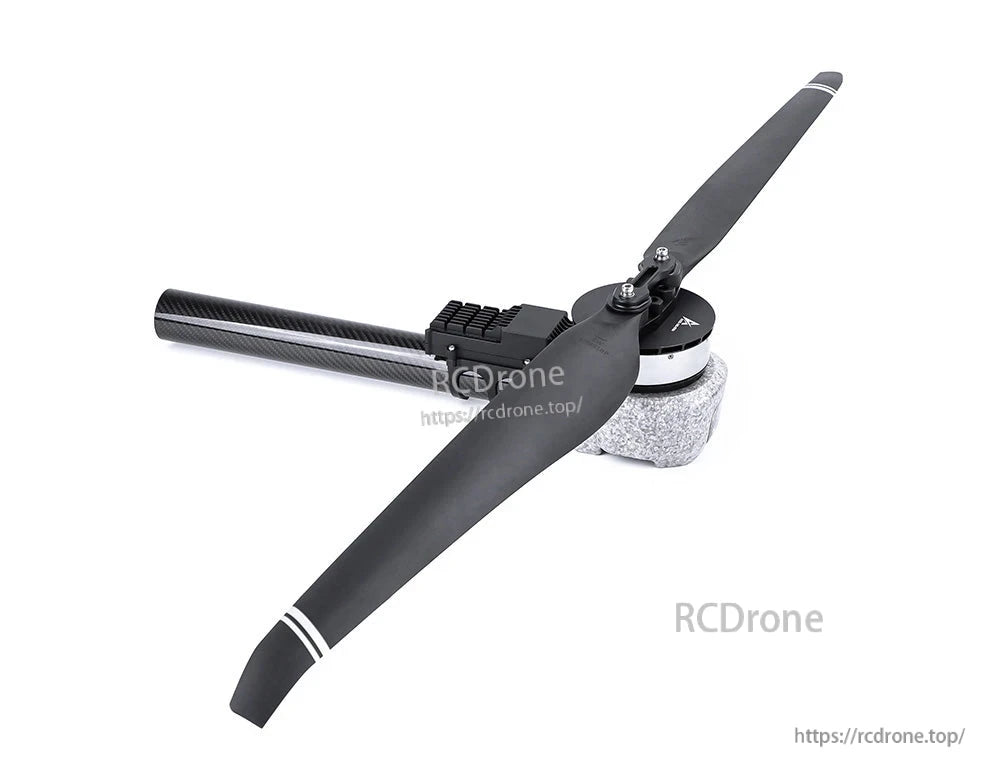 T-Motor foldable two-blade drone propeller mounted on a brushless motor, black blades with white tip stripes
