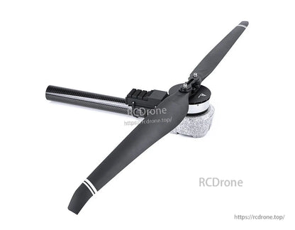 T-Motor foldable two-blade drone propeller mounted on a brushless motor, black blades with white tip stripes