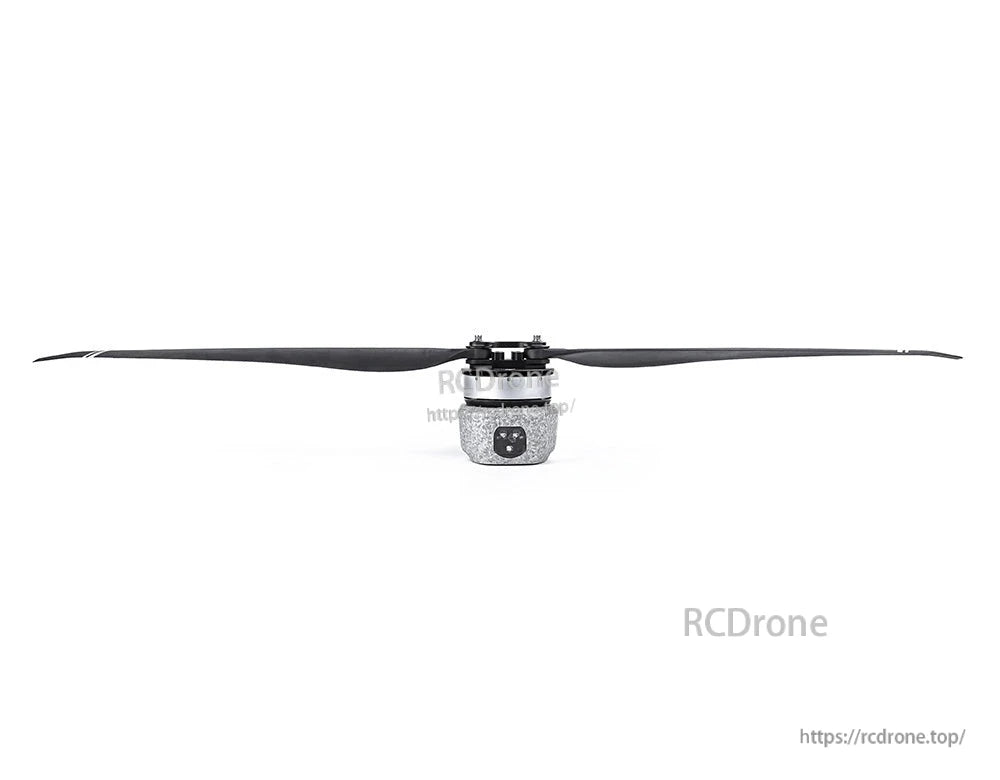 T-Motor brushless drone motor with installed two-blade propeller, front view on a white background
