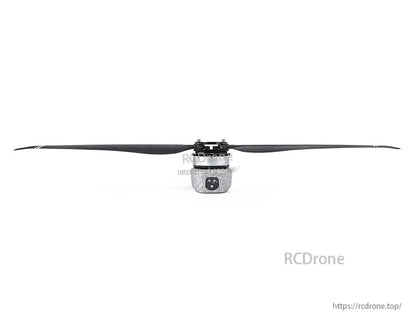 T-Motor brushless drone motor with installed two-blade propeller, front view on a white background