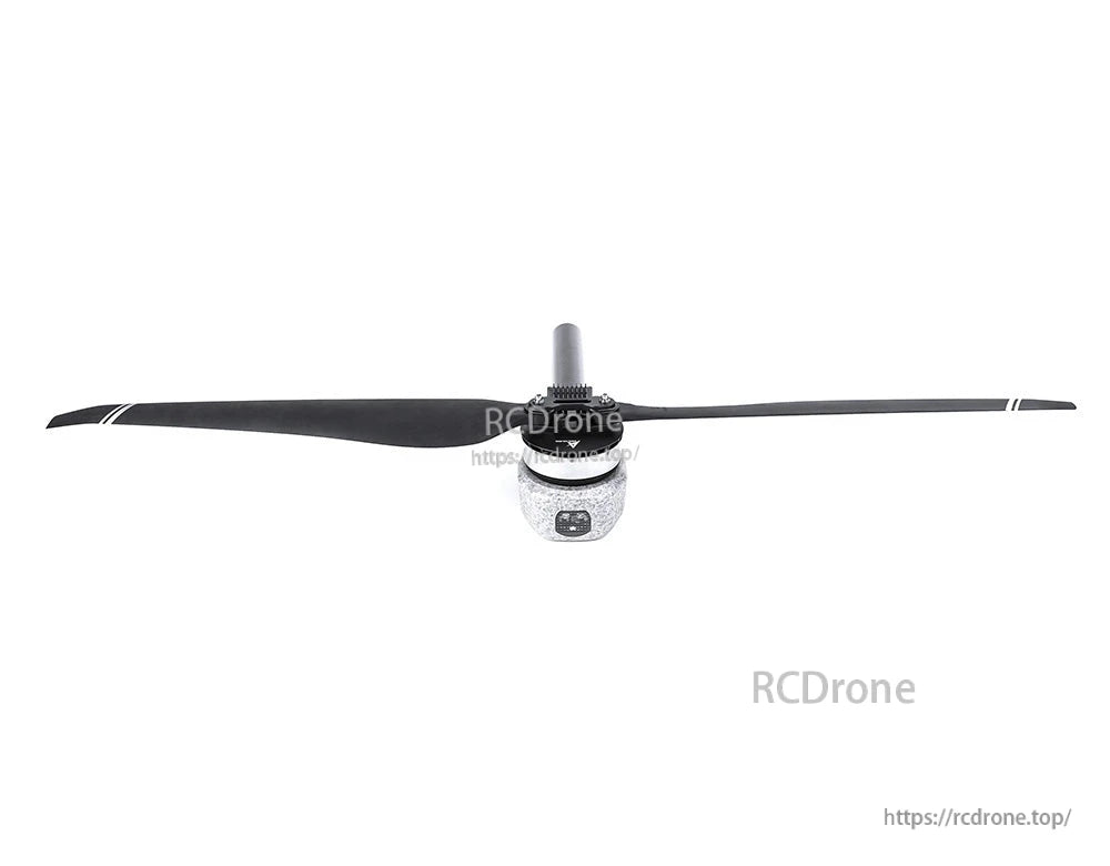 T-Motor brushless drone motor with black two-blade propeller, front view on white background