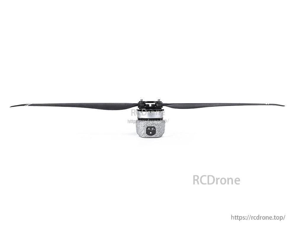 T-Motor brushless drone motor with long two-blade propeller mounted, front view on white background