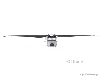 T-Motor brushless drone motor with long two-blade propeller mounted, front view on white background