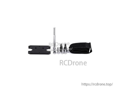 T-Motor, Black mounting plate kit with threaded standoff, screws, and hook-and-loop strap for drone setup