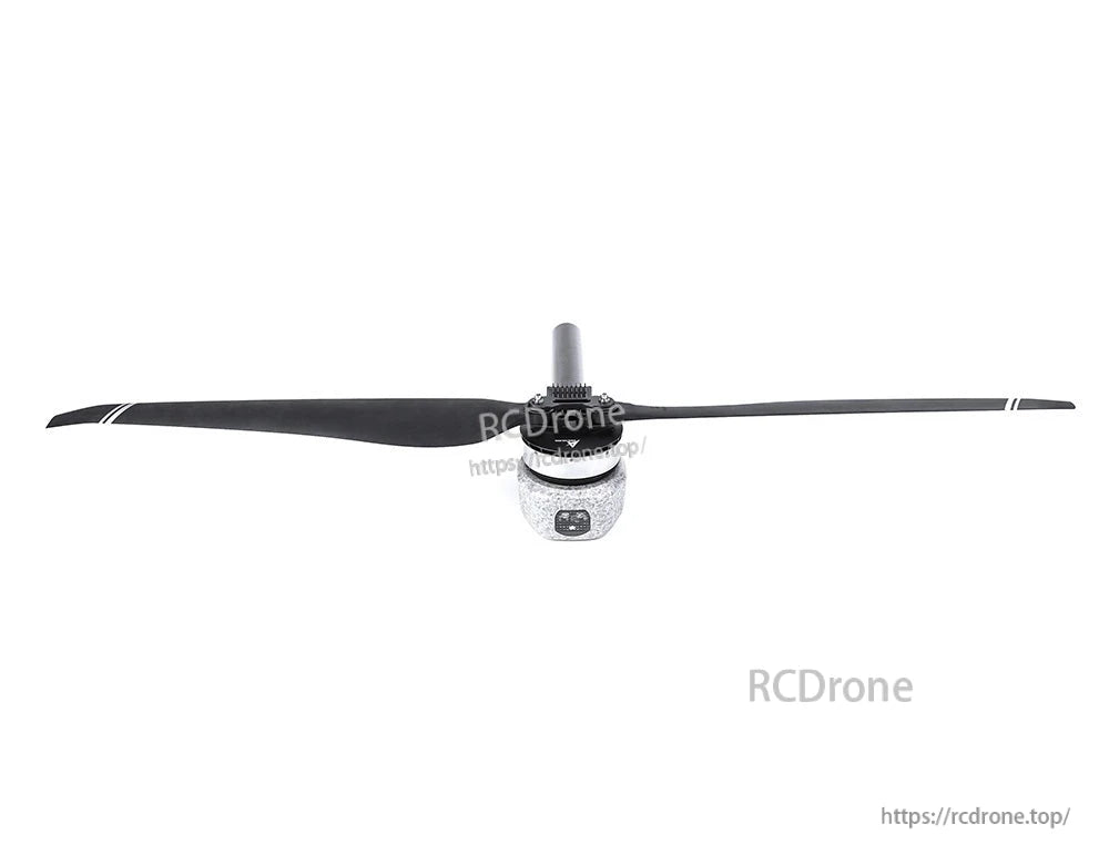 T-Motor brushless drone motor with two-blade propeller attached, front view with black prop blades