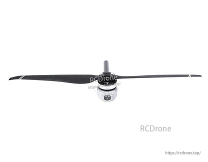 T-Motor brushless drone motor with two-blade propeller attached, front view with black prop blades