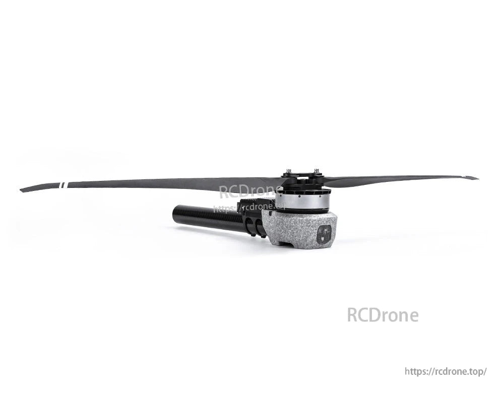 T-Motor drone motor with long propeller mounted on a carbon fiber tube arm and gray mounting base