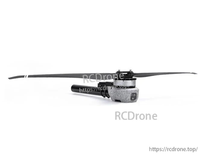 T-Motor brushless drone motor with attached propeller and mounting bracket, side view on white background